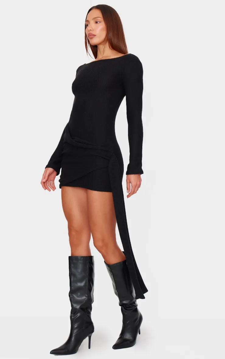 Black Brushed Rib Tie Waist Detail Bodycon Dress sold by Pretty Little Thing product image thumbnail 3