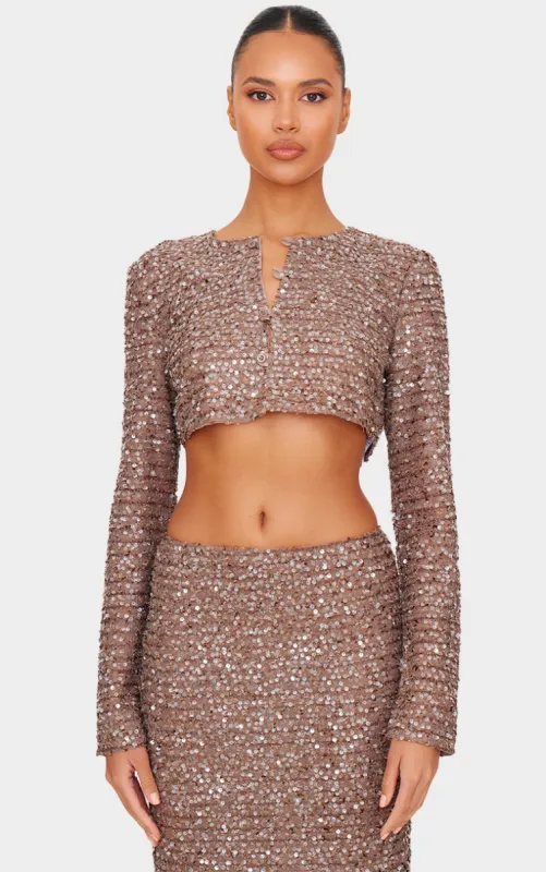 Mocha Sequin Long Sleeve Button Up Cardigan sold by Pretty Little Thing