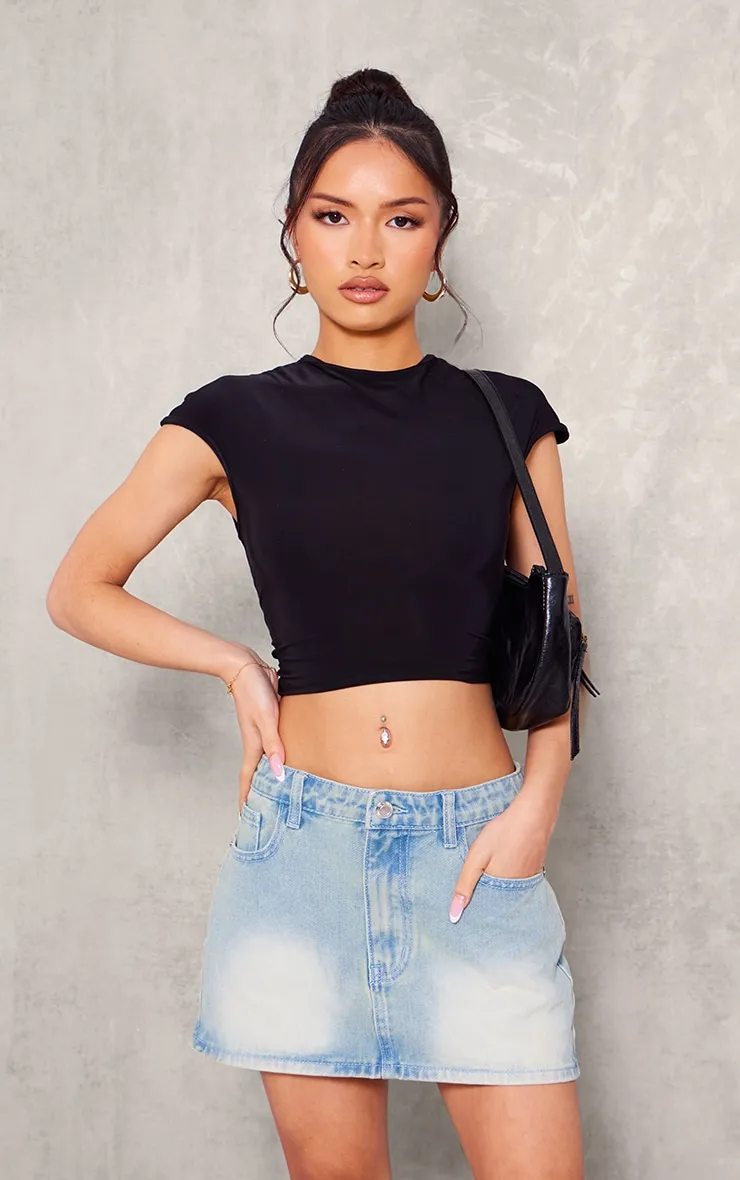 Petite Black Slinky Cap Sleeve Crop Top sold by Pretty Little Thing