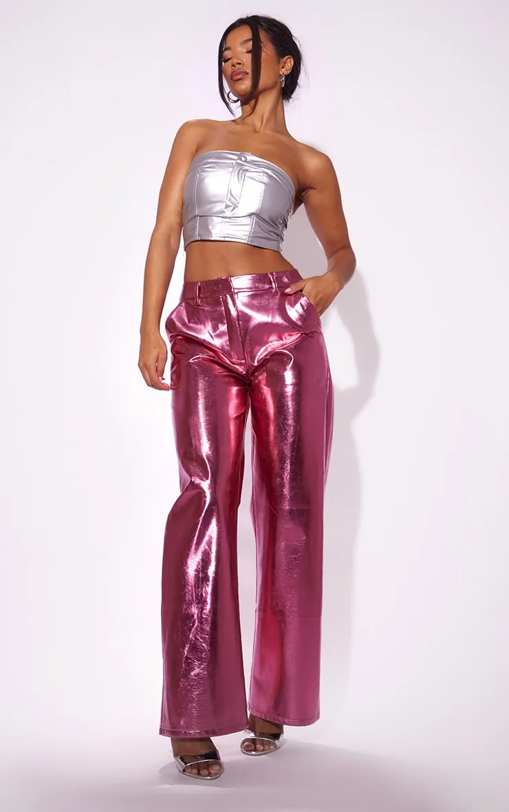 Pink Metallic Faux Leather Straight Leg Tailored Trousers sold by Pretty Little Thing