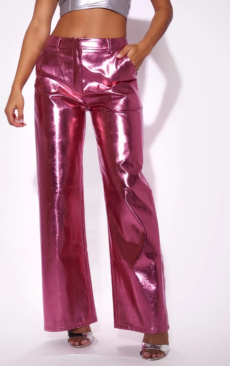Pink Metallic Faux Leather Straight Leg Tailored Trousers sold by Pretty Little Thing product image thumbnail 2