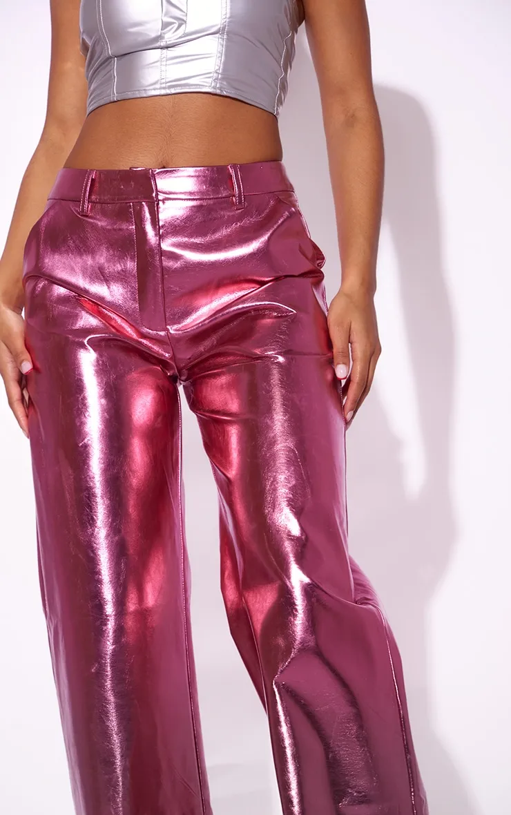 Pink Metallic Faux Leather Straight Leg Tailored Trousers sold by Pretty Little Thing product image thumbnail 4