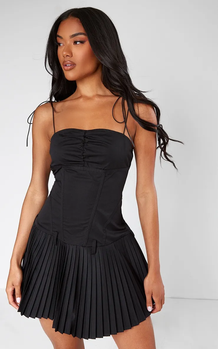 Black Tailored Woven Corset Pleated Shift Dress sold by Pretty Little Thing product image thumbnail 3