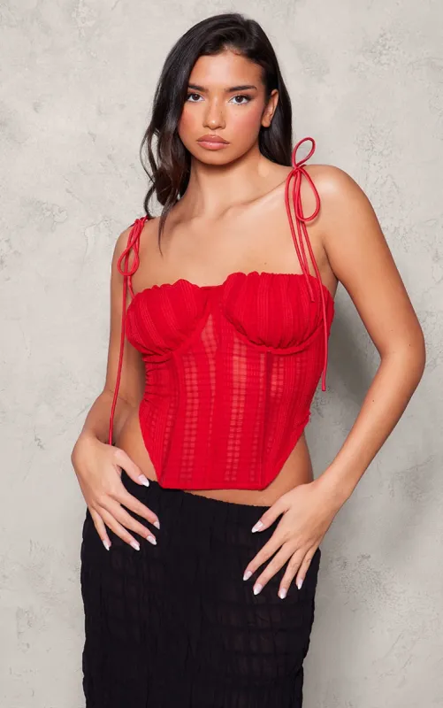 Cherry Red Sheer Woven Tie Corset Top sold by Pretty Little Thing