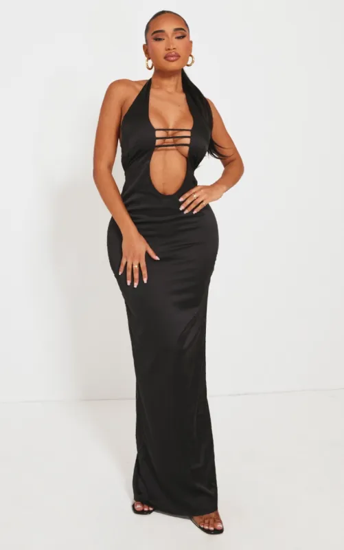 Shape Black Satin Plunge Front Halterneck Maxi Dress sold by Pretty Little Thing