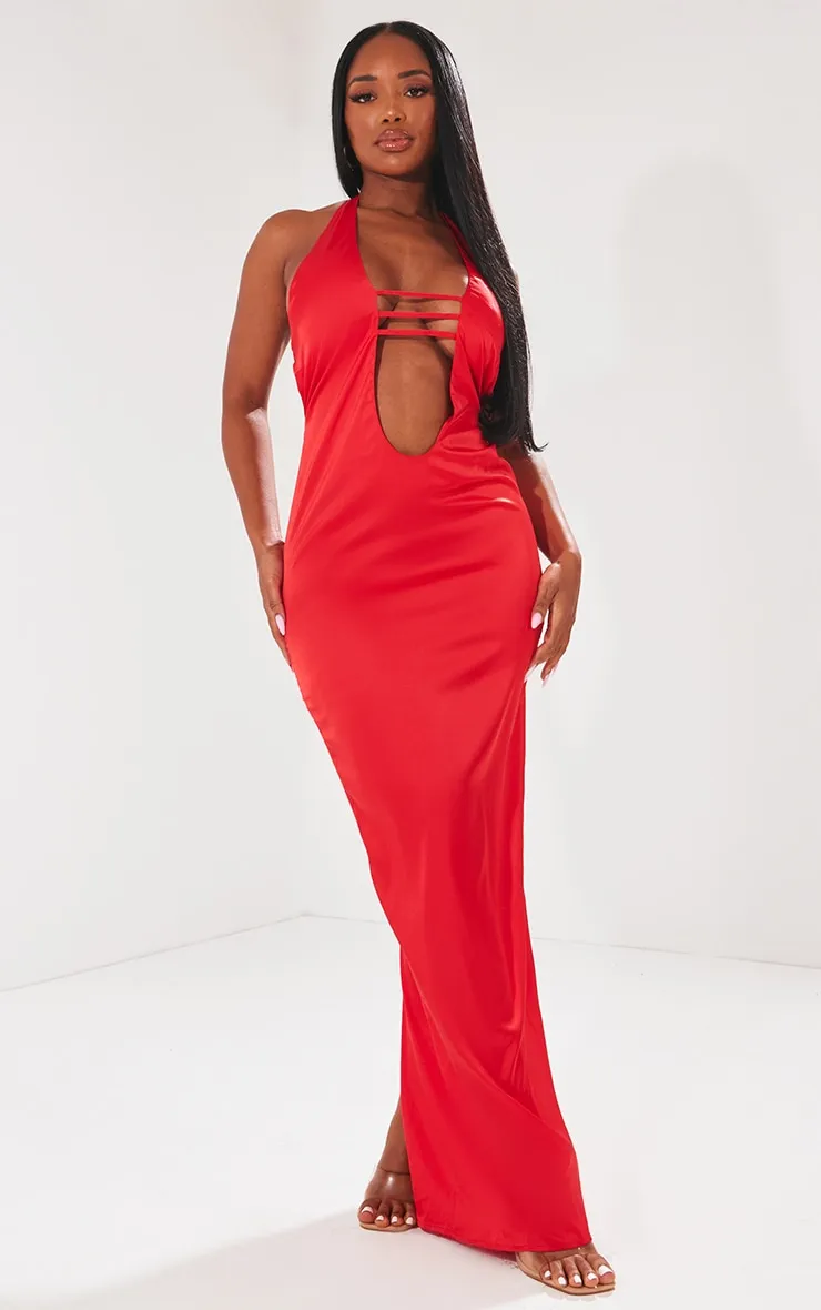 Shape Red Satin Plunge Front Halterneck Maxi Dress sold by Pretty Little Thing