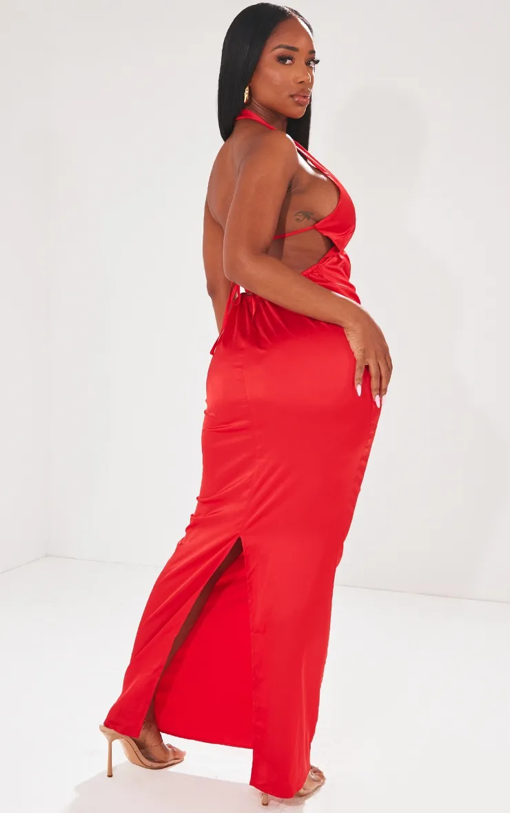 Shape Red Satin Plunge Front Halterneck Maxi Dress sold by Pretty Little Thing product image thumbnail 2