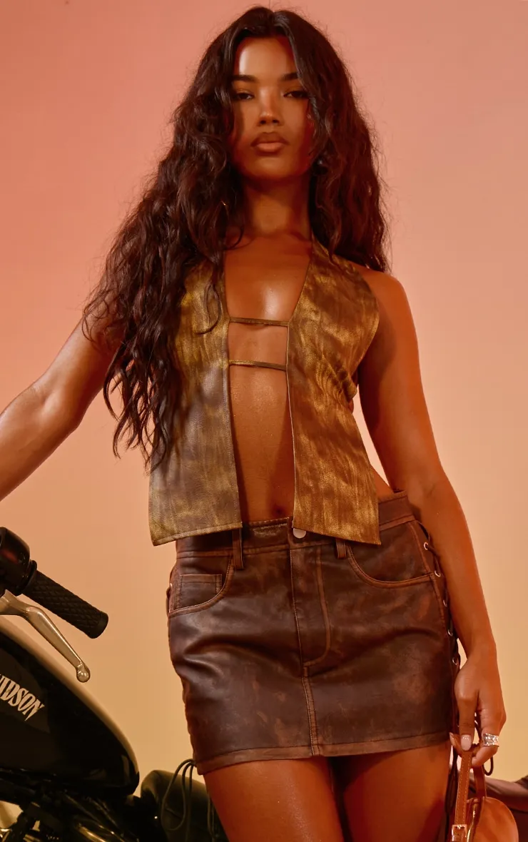 Washed Brown Faux Leather Lace Up Mini Skirt sold by Pretty Little Thing product image thumbnail 4