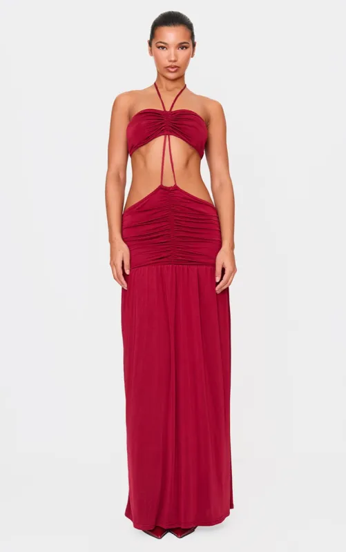 Burgundy Double Layer Slinky Tie Neck Cut Out Maxi Dress sold by Pretty Little Thing
