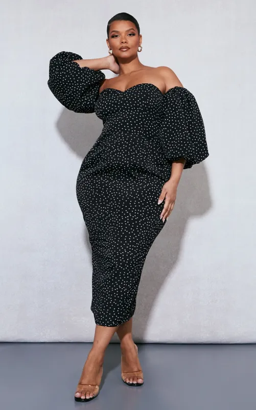 Plus Black Polka Dot Bandeau Puff Sleeve Midi Dress made by Pretty Little Thing