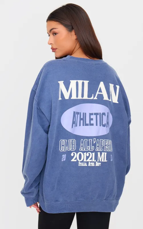  Navy Washed Milan Athletic Printed Sweatshirt made by Pretty Little Thing