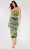 Green Printed Mesh Bandeau Ruched Midaxi Dress sold by Pretty Little Thing