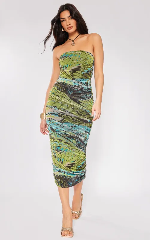 Green Printed Mesh Bandeau Ruched Midaxi Dress sold by Pretty Little Thing