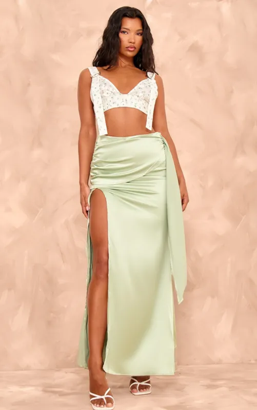 Sage Green Heavy Satin Knot Front Maxi Skirt sold by Pretty Little Thing
