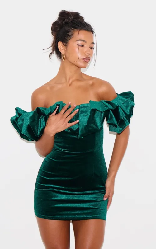 Emerald Green Velvet Bardot Ruffle Bodycon Dress sold by Pretty Little Thing