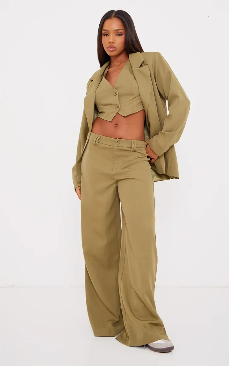 Olive Woven Double Belt Loop Suit Trousers sold by Pretty Little Thing