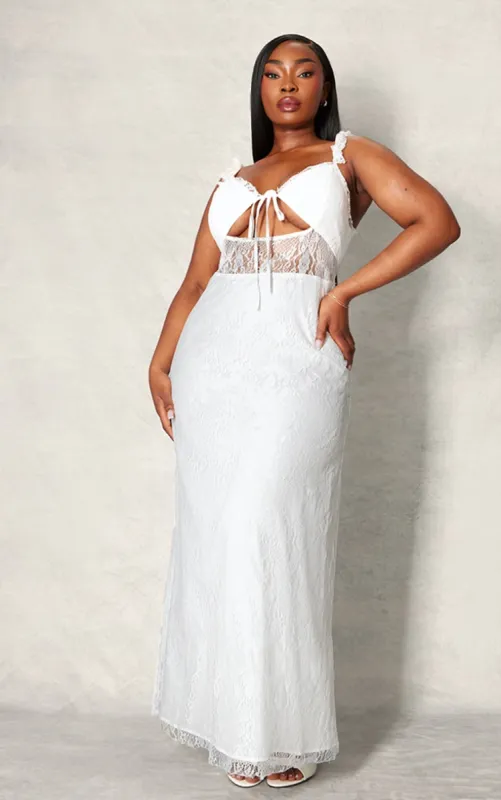 Plus White Lace Tie Front Bust Detail Maxi Dress sold by Pretty Little Thing