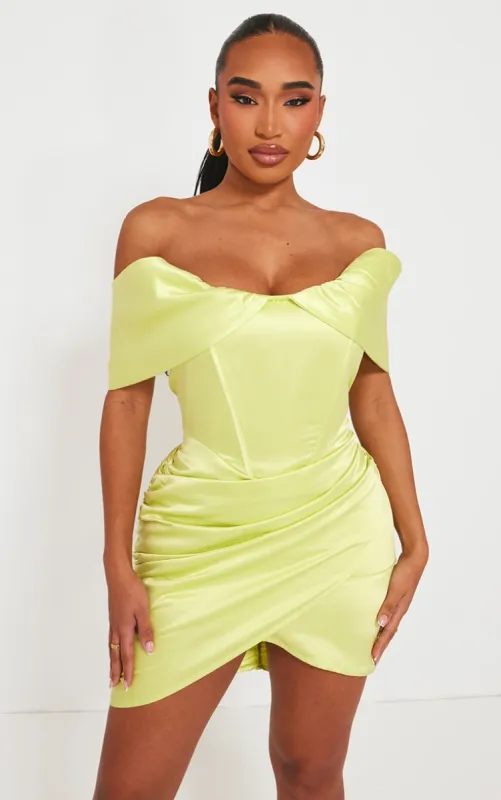 Shape Lime Ruched Corset Detail Bardot Bodycon Dress sold by Pretty Little Thing