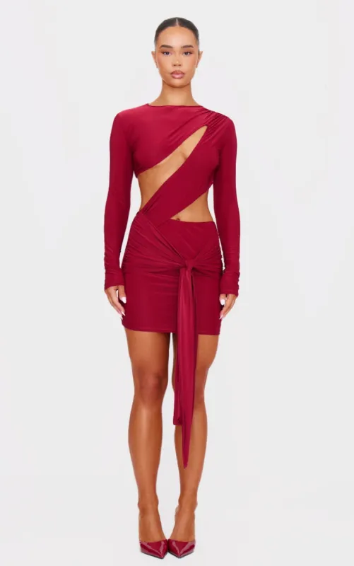 Cherry Red Cut Out Bust Panel Long Sleeve Drape Bodycon Dress sold by Pretty Little Thing