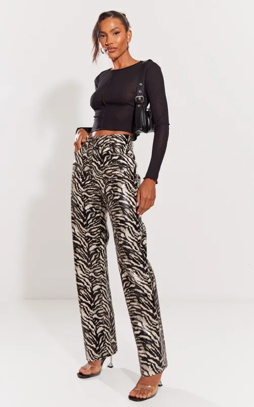 Nude Faux Leather Zebra Printed Straight Leg Trousers sold by Pretty Little Thing