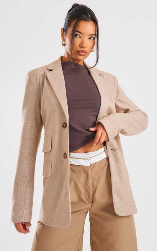 Latte Herringbone Detail Tailored Blazer sold by Pretty Little Thing