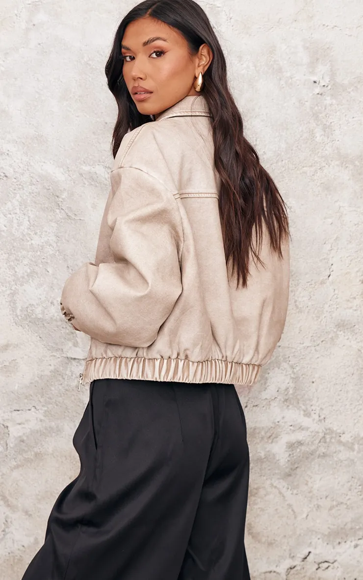 Taupe Distressed Faux Leather Zip Up Bomber Jacket sold by Pretty Little Thing product image thumbnail 2