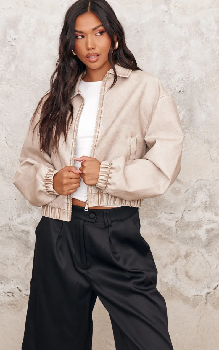 Taupe Distressed Faux Leather Zip Up Bomber Jacket sold by Pretty Little Thing product image thumbnail 3