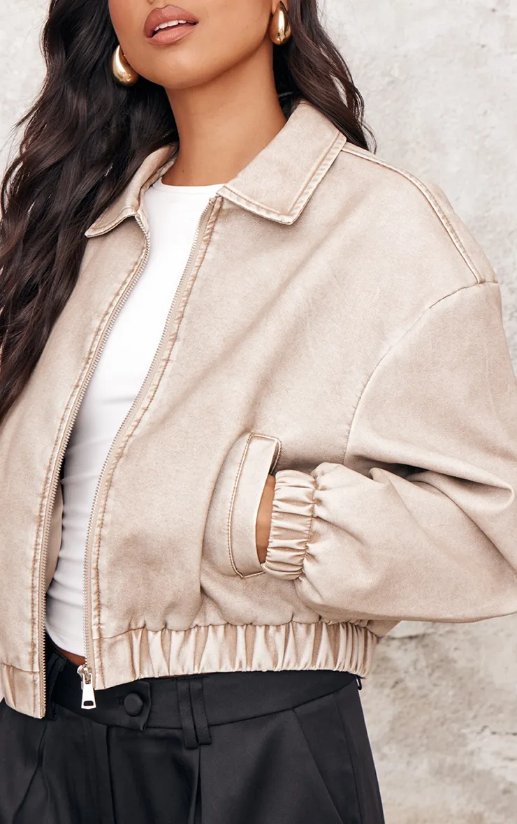 Taupe Distressed Faux Leather Zip Up Bomber Jacket sold by Pretty Little Thing product image thumbnail 4