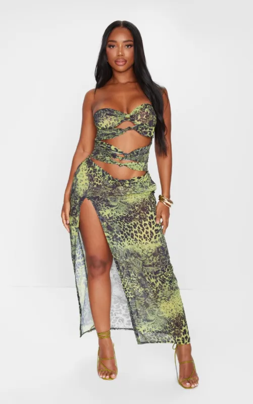 Shape Green Chiffon Leopard Printed Bandeau Cut Out Split Maxi Dress sold by Pretty Little Thing