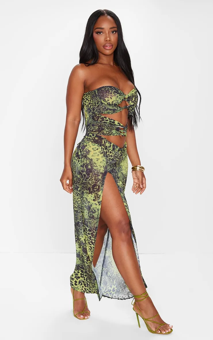 Shape Green Chiffon Leopard Printed Bandeau Cut Out Split Maxi Dress sold by Pretty Little Thing product image thumbnail 3