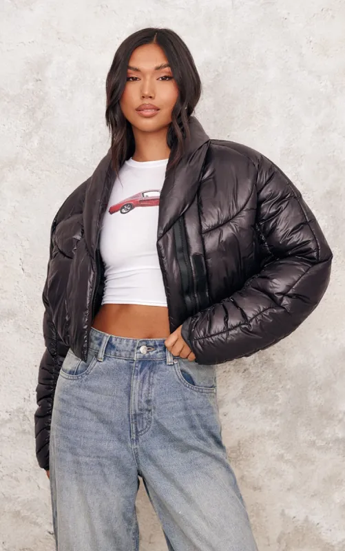 Black Cropped Oversized Collar Detail Puffer Jacket sold by Pretty Little Thing