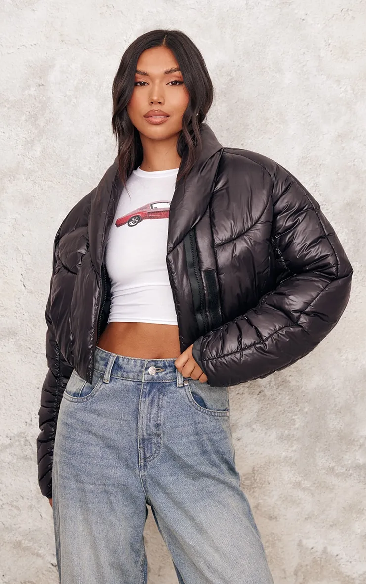 Black Cropped Oversized Collar Detail Puffer Jacket sold by Pretty Little Thing