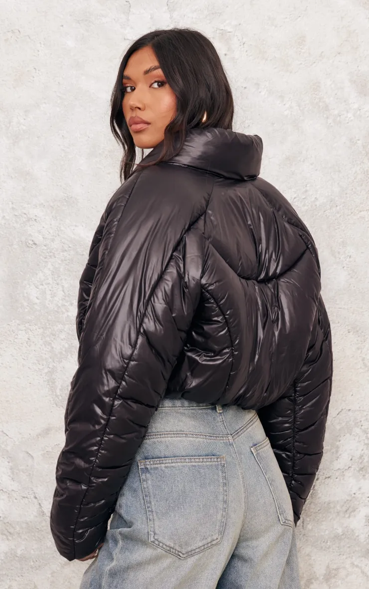 Black Cropped Oversized Collar Detail Puffer Jacket sold by Pretty Little Thing product image thumbnail 2