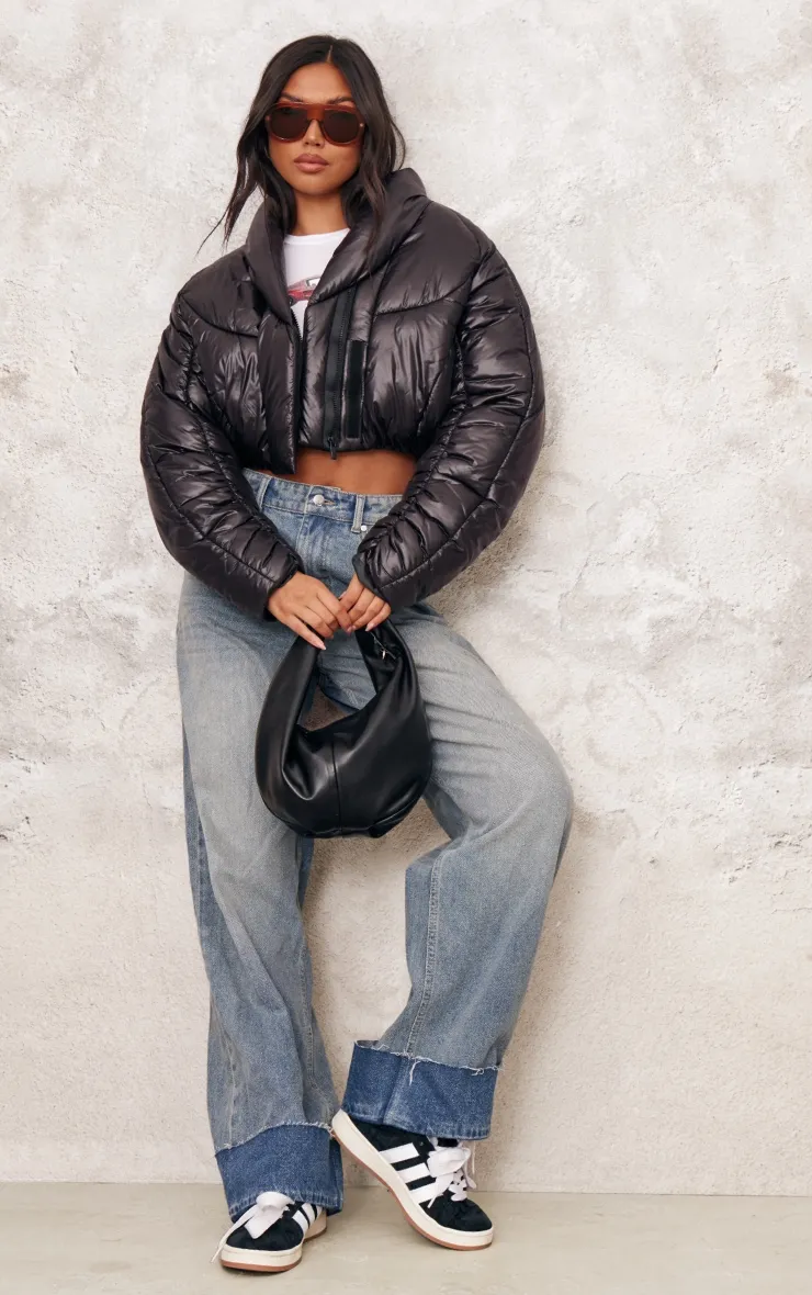 Black Cropped Oversized Collar Detail Puffer Jacket sold by Pretty Little Thing product image thumbnail 3