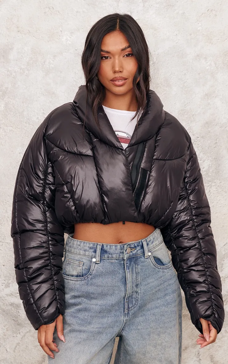 Black Cropped Oversized Collar Detail Puffer Jacket sold by Pretty Little Thing product image thumbnail 4