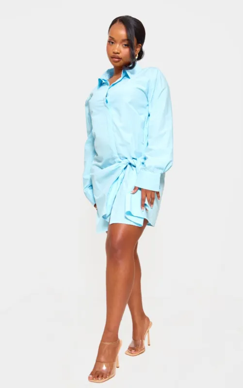 Plus Blue Cotton Poplin Knot Shirt Dress sold by Pretty Little Thing