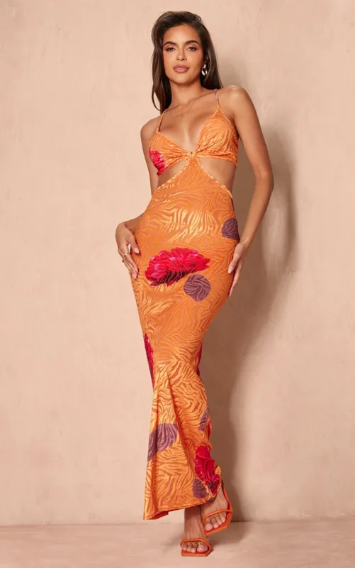  Orange Floral Print Devore Cut Out Maxi Dress sold by Pretty Little Thing