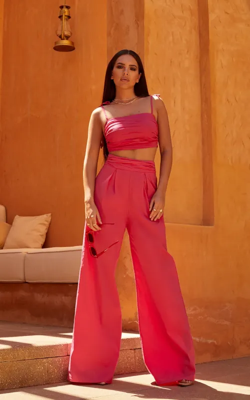 Hot Pink Pleated Waistband Extreme Wide Leg Trousers sold by Pretty Little Thing