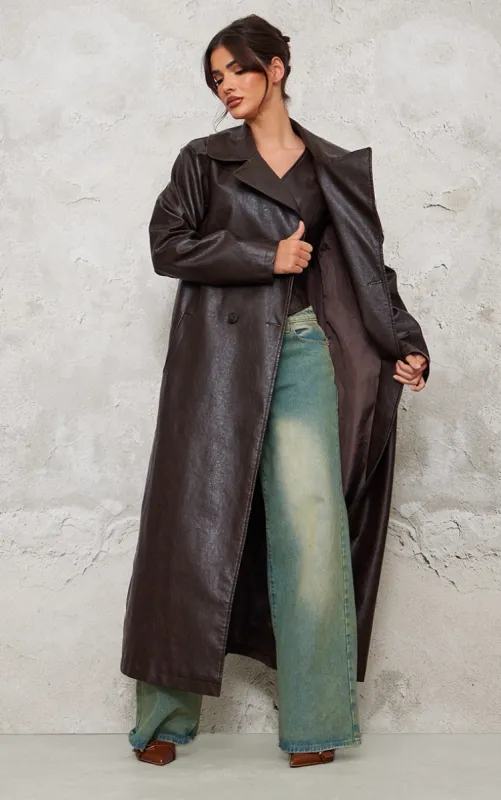 Chocolate Brown Faux Leather Croc Trench Coat sold by Pretty Little Thing
