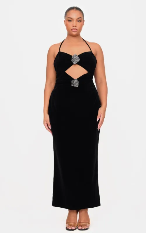 Plus Black Corsage Detail Cut Out Velvet Maxi Dress sold by Pretty Little Thing