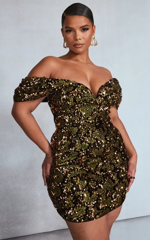 Plus Gold Sequin V Bar Bodycon Dress sold by Pretty Little Thing