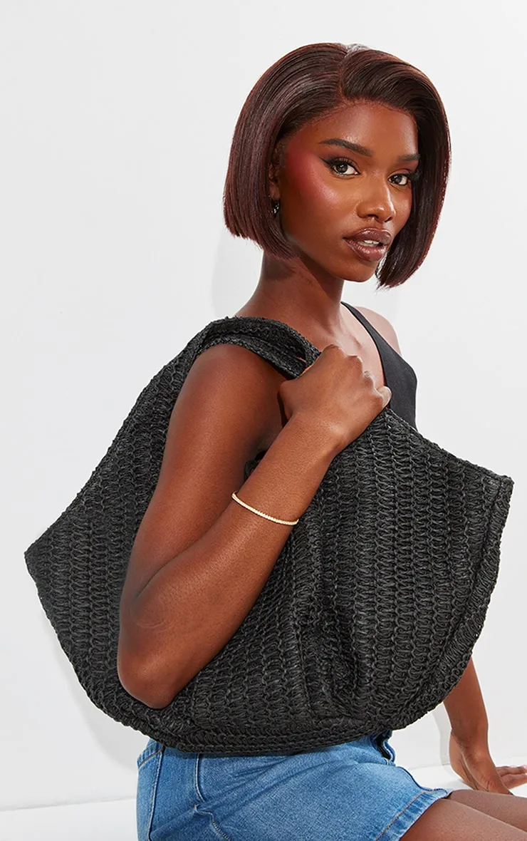 Black Woven Slouchy Raffia Beach Bag sold by Pretty Little Thing