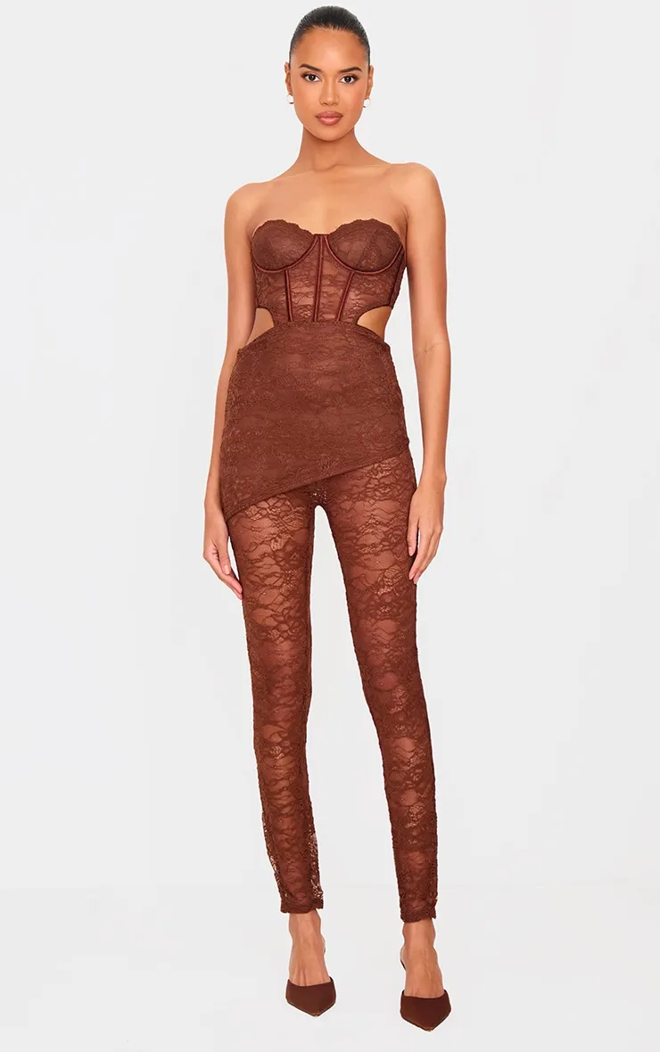 Brown Lace Cut Out Corset Detailed Jumpsuit sold by Pretty Little Thing