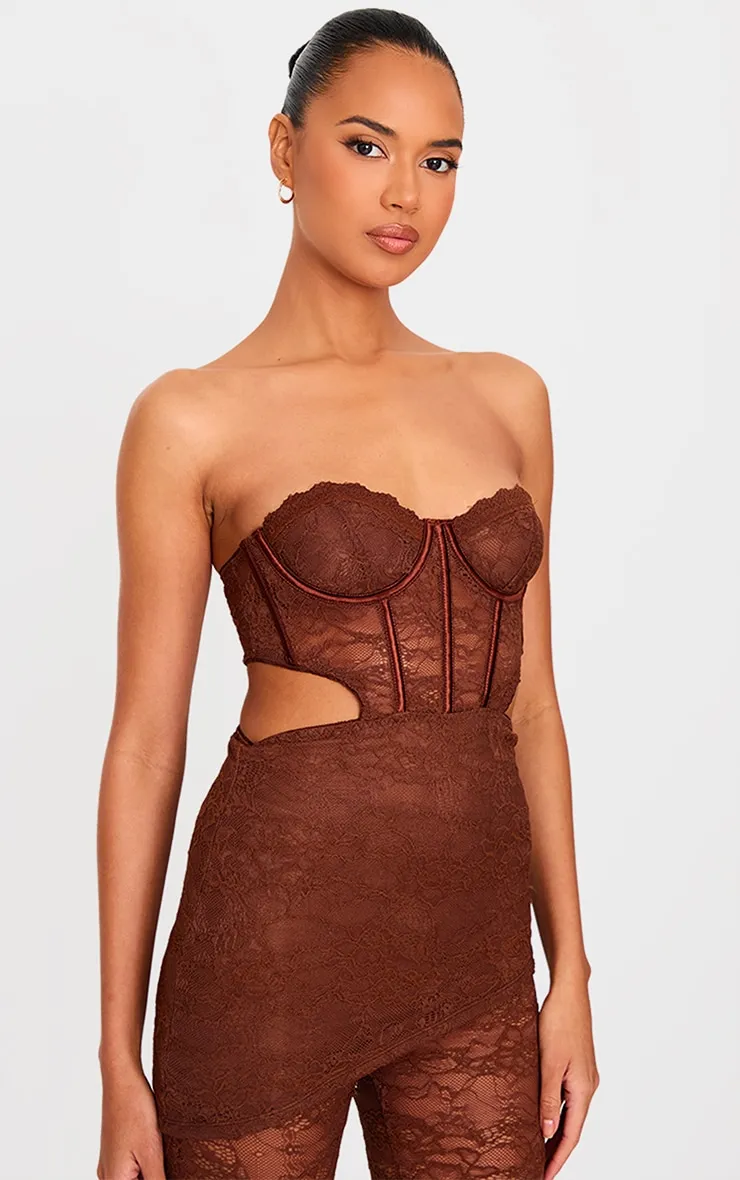 Brown Lace Cut Out Corset Detailed Jumpsuit sold by Pretty Little Thing product image thumbnail 4