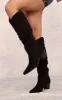 Black Faux Suede Point Toe Ruched Knee High Heeled Western Boots sold by Pretty Little Thing