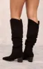 Black Faux Suede Point Toe Ruched Knee High Heeled Western Boots sold by Pretty Little Thing