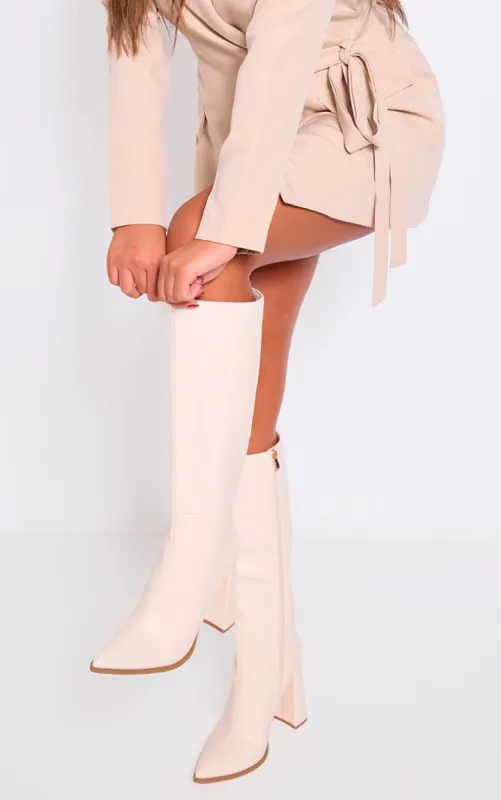 Cream Pu Point Toe Knee High Block Heeled Boots sold by Pretty Little Thing