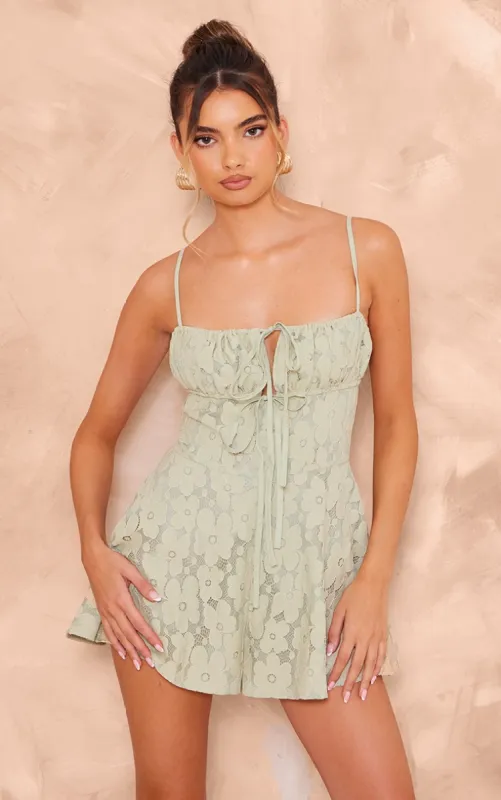 Sage Green Floral Lace Strappy Floaty Playsuit sold by Pretty Little Thing