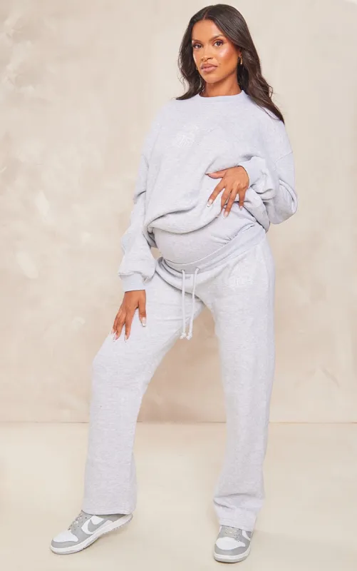 PRETTYLITTLETHING Maternity Ash Grey Embroidered Wide Leg Joggers made by Pretty Little Thing