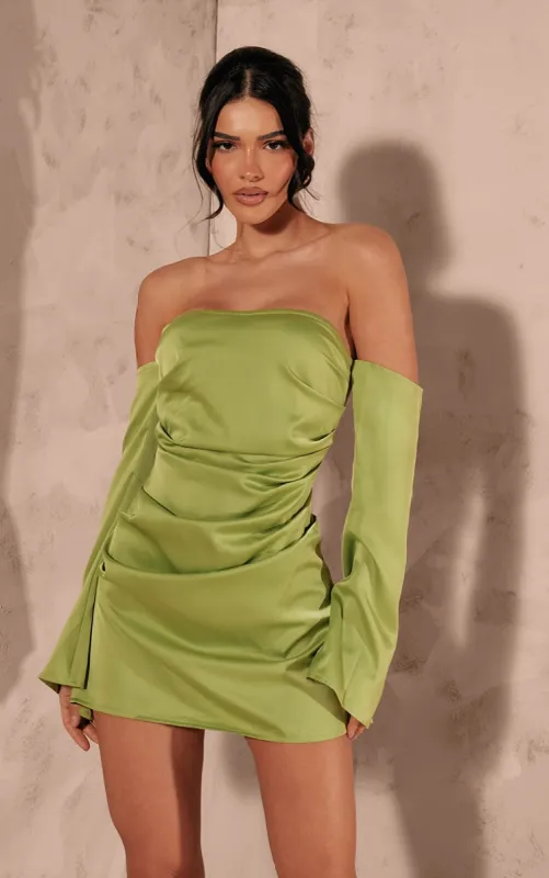 Olive Satin Corset Bardot Ruched Long Sleeve Shift Dress sold by Pretty Little Thing